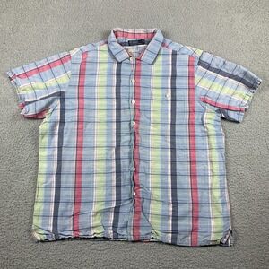 Polo Ralph Lauren Shirt Mens XXL Blue Plaid Pastels Linen Blend Preppy Y2K 90's